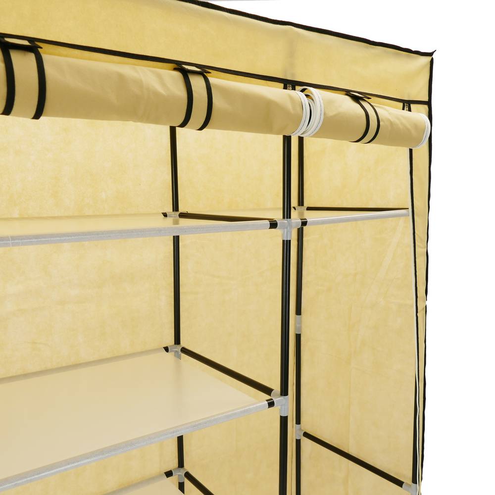 Fabric wardrobe for clothes storage and organiser 150 x 45 x 175 cm triple beige with roll-up door