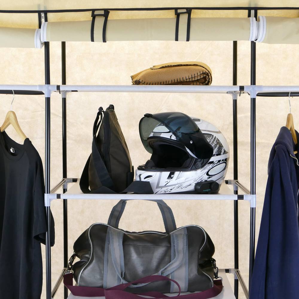 Fabric wardrobe for clothes storage and organiser 150 x 45 x 175 cm triple beige with roll-up door