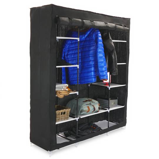 Kledingkast kast afneembare stoffen kledingkast 150 x 45 x 175 cm zwart met 3 roldeuren