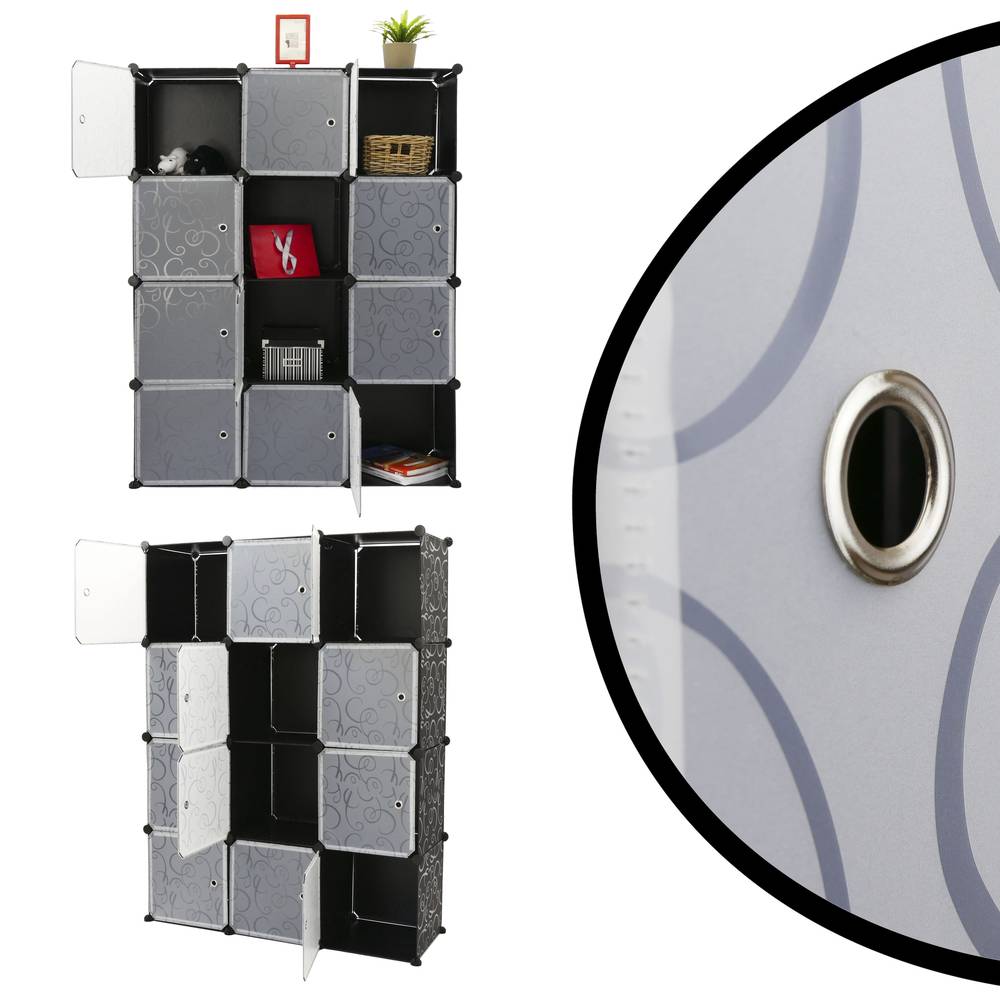 Modular shelving closet storage organizing 12 plastic cube 35x35cm black with curly patterned doors