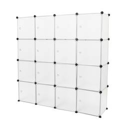 Armoire penderie cabinet etagère de 16 cubes de 35x35cm en plastique blanc avec portes