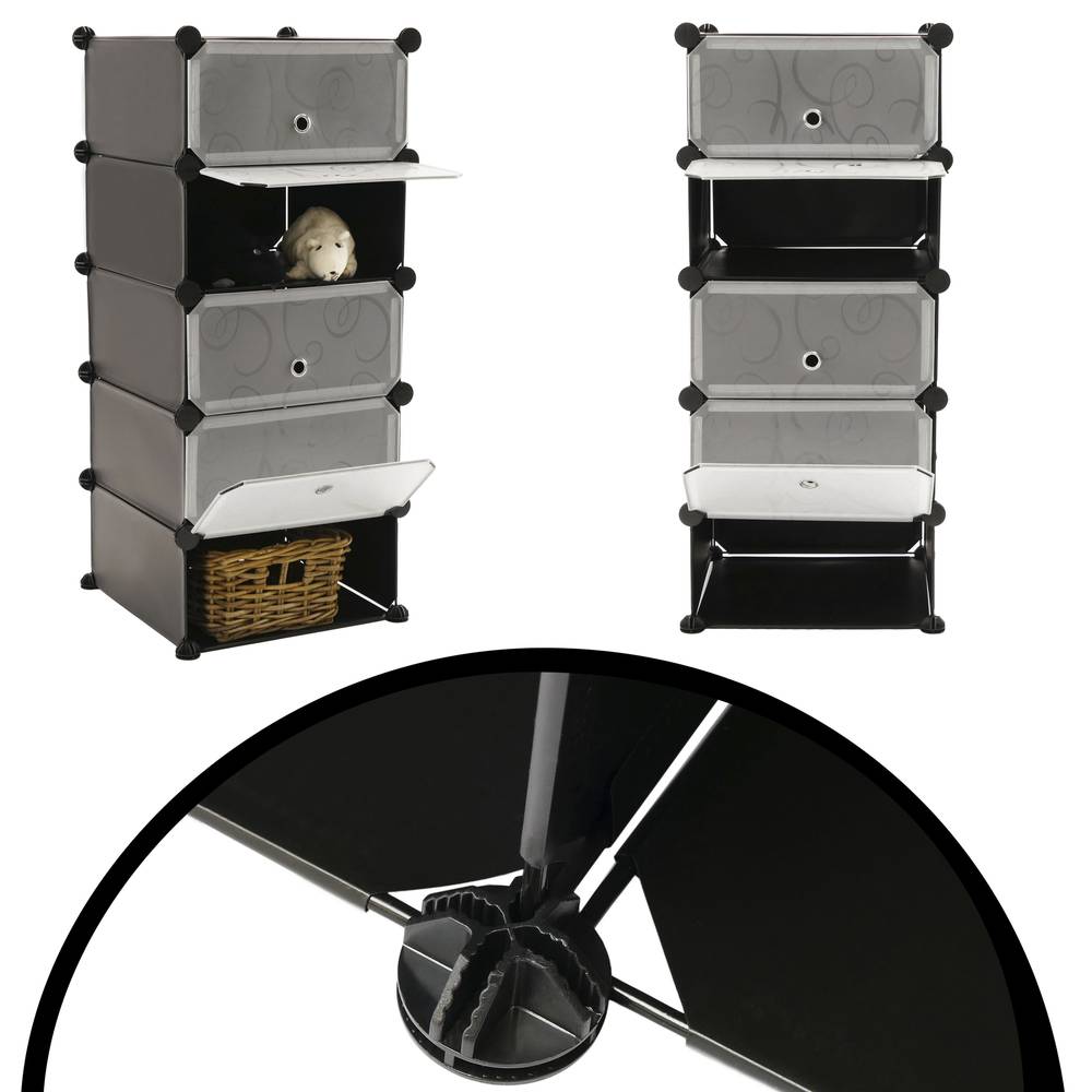 Modułowa szafka organizerowa Półki 5-półkowe z czarnego plastiku 17x35 cm z drzwiami i ciągnione