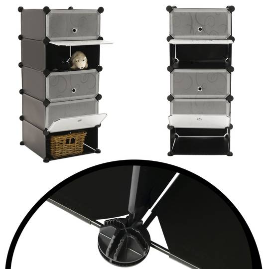 Modułowa szafka organizerowa Półki 5-półkowe z czarnego plastiku 17x35 cm z drzwiami i ciągnione