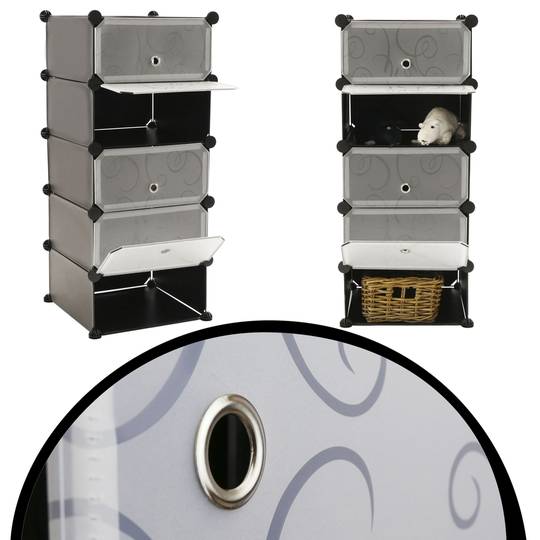 Modułowa szafka organizerowa Półki 5-półkowe z czarnego plastiku 17x35 cm z drzwiami i ciągnione