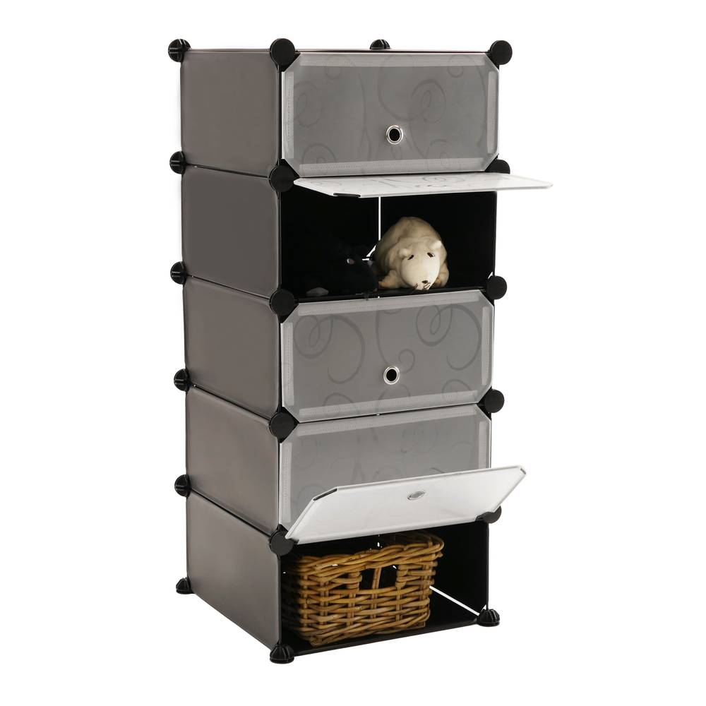 Modułowa szafka organizerowa Półki 5-półkowe z czarnego plastiku 17x35 cm z drzwiami i ciągnione