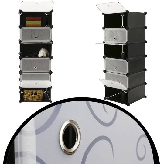 Modular shelving closet storage organizing 6 plastic cube 17x35cm black with doors and patterned
