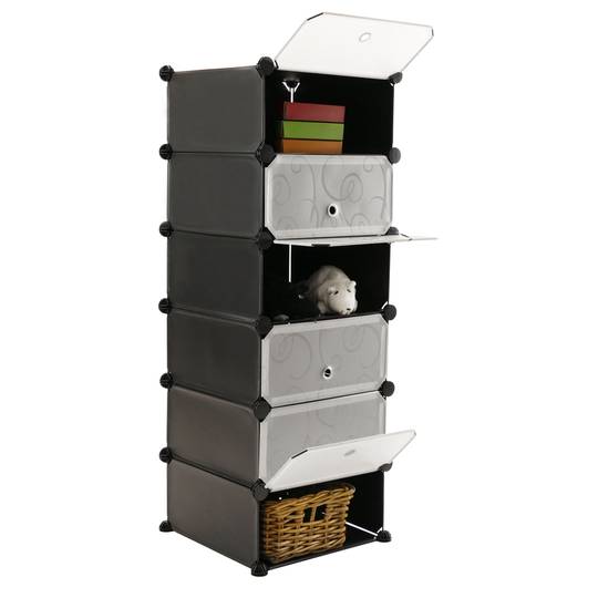 Modular shelving closet storage organizing 6 plastic cube 17x35cm black with doors and patterned