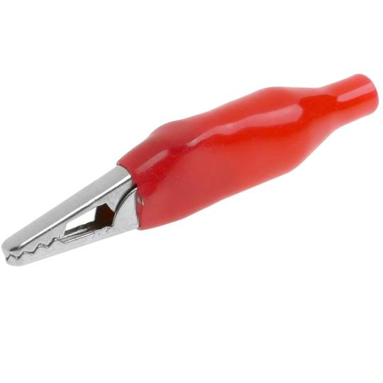 Red crocodile clip with protection for electrical connections