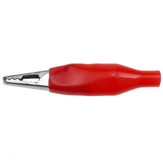 Red crocodile clip with protection for electrical connections