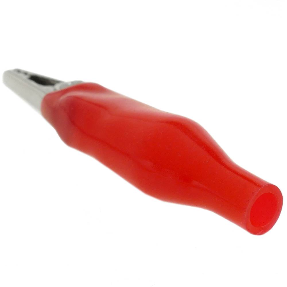 Red crocodile clip with protection for electrical connections