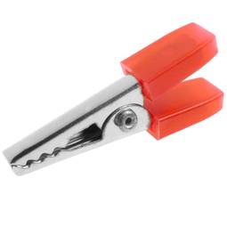 Red crocodile clip with insulated sleeves for electrical connections 34mm