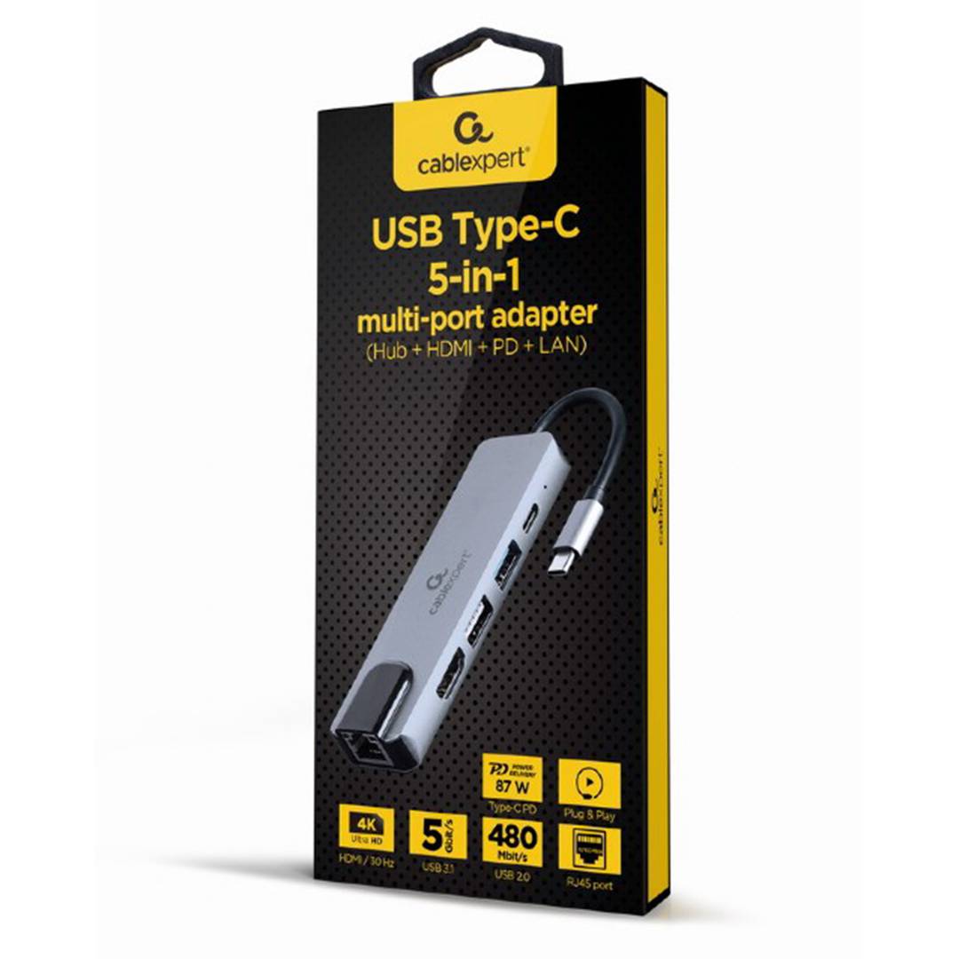 Adaptador multipuerto USB tipo C de 5 en 1 con Hub HDMI, PD y LAN