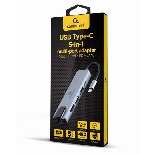 Adaptador multipuerto USB tipo C de 5 en 1 con Hub HDMI, PD y LAN