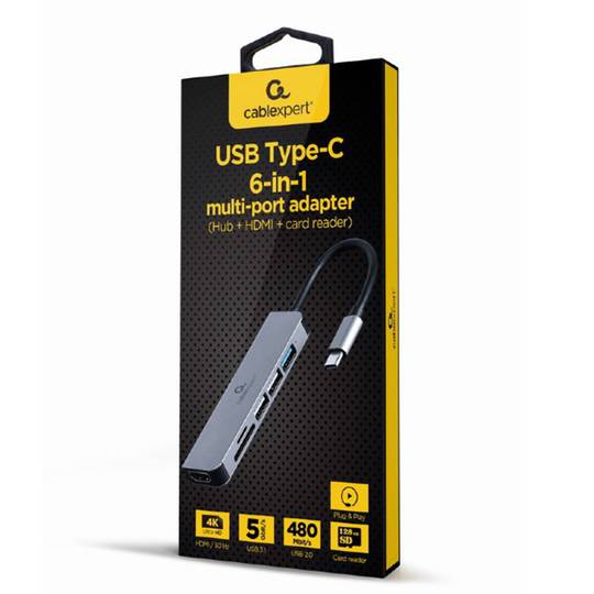 Adaptador multiporta USB tipo C 6 em 1 com hub HDMI e leitor de cartão