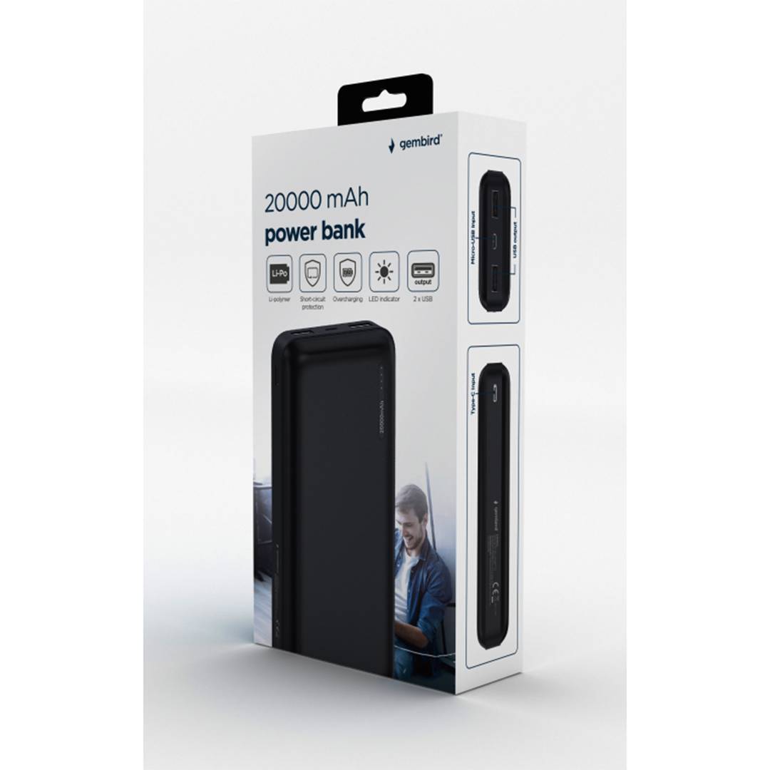 Batteria esterna Gembird 20000mAh con 1 porta microUSB e 2 porte USB-A