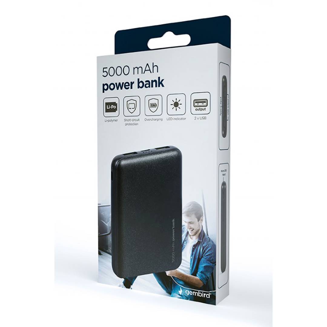 Bateria externa Gembird 5000mAh com 1x conector micro-USB para 2x conectores USB-A