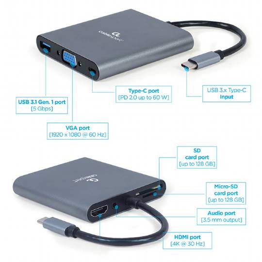 Gembird 6-in-1 USB-C Adapter, Gray