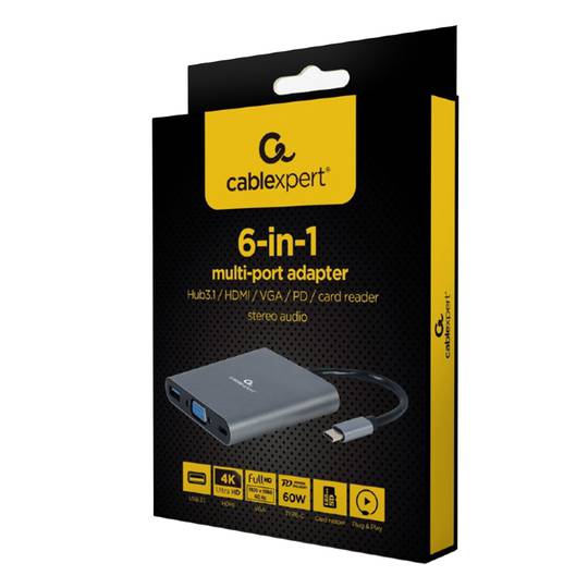 Gembird 6-in-1 USB-C Adapter, Gray