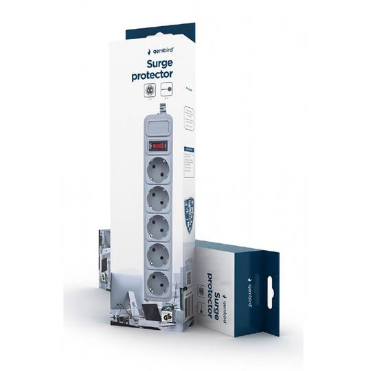 Gembird power strip with 5 sockets with surge protection 3 m white color