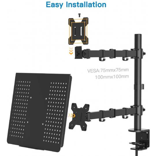Support de bureau réglable Gembird avec bras pour écran et plateau pour ordinateur portable