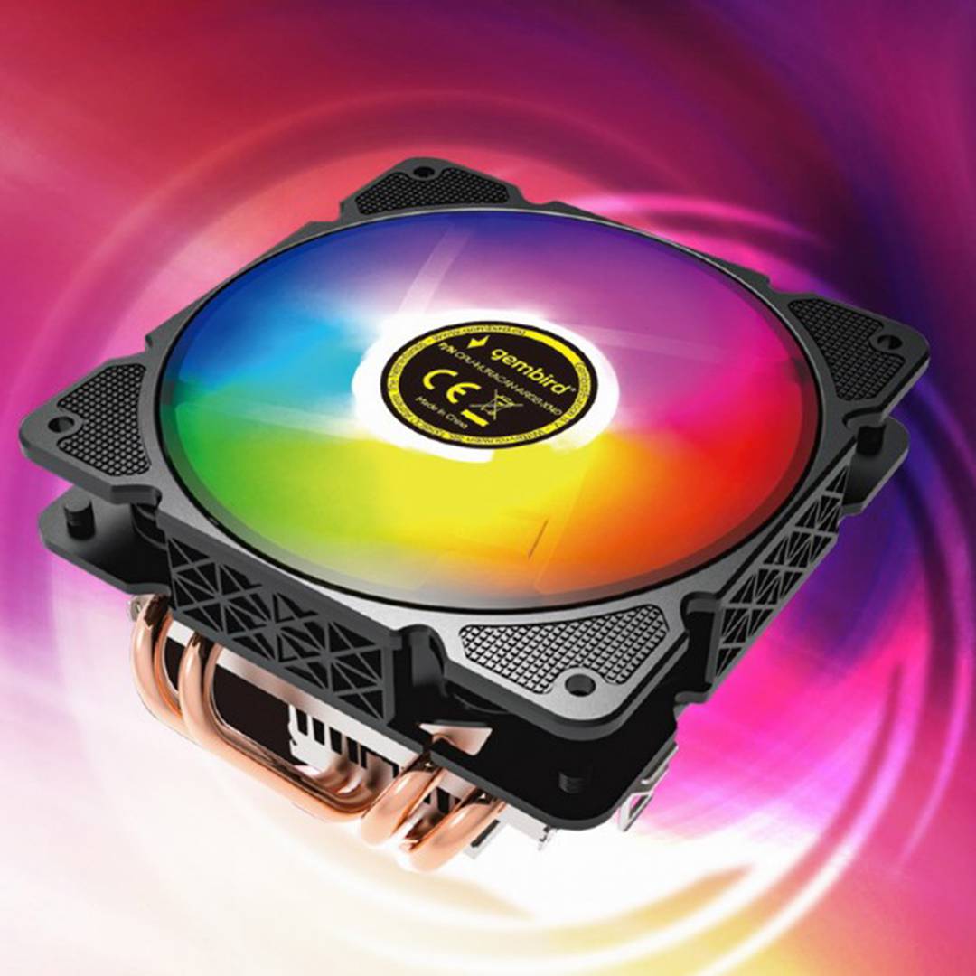 Ventoinha de resfriamento de CPU Gembird 12 cm 100 W com LED multicolorido de 4 pinos