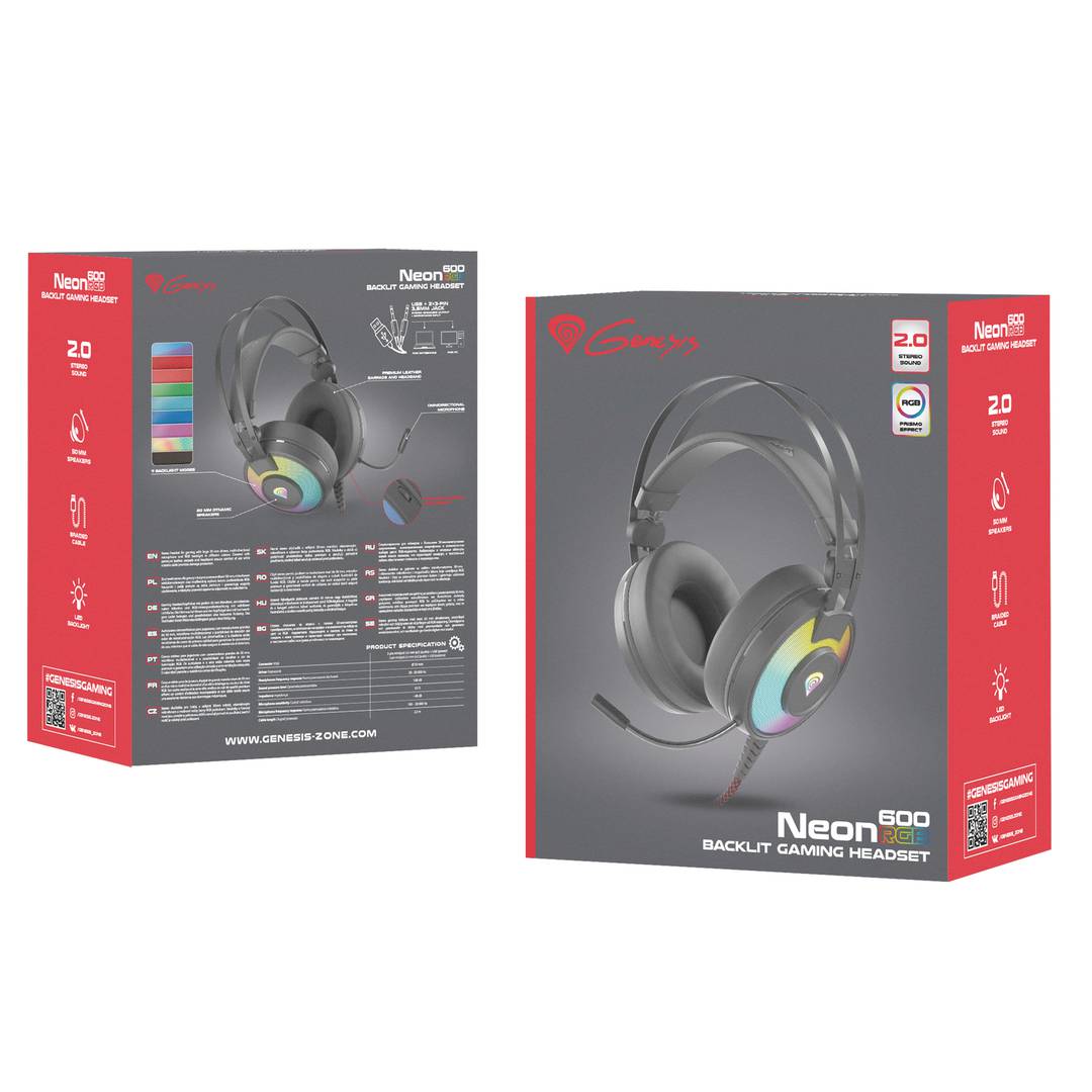 Fones de ouvido para jogos Genesis Neon 600 pretos com RGB NSG-1656