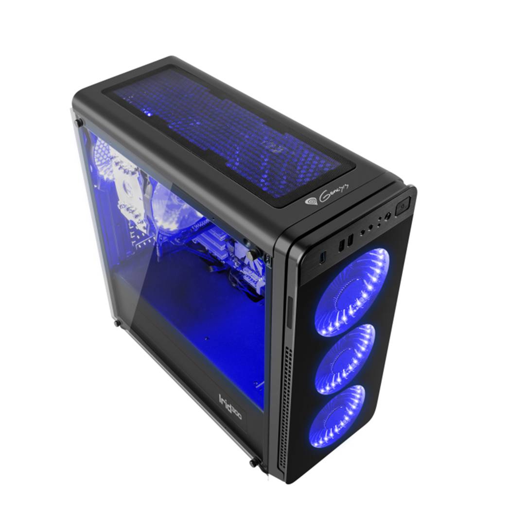 Caja Gaming Irid 300 ATX de Genesis con 1 USB 3.0 y 2 USB 2.0 con cristal templado azul NPC-1132