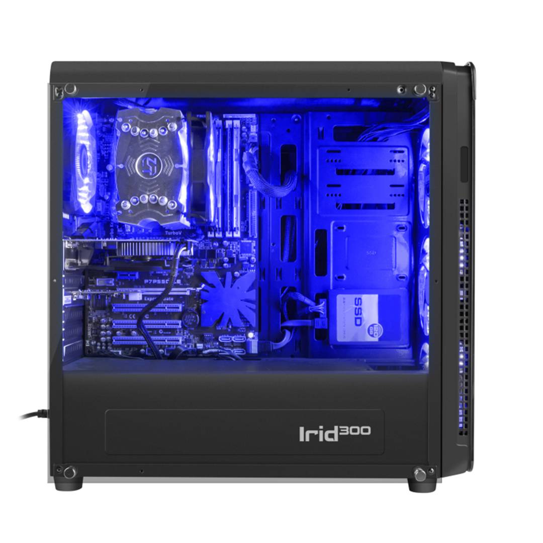 Caja Gaming Irid 300 ATX de Genesis con 1 USB 3.0 y 2 USB 2.0 con cristal templado azul NPC-1132