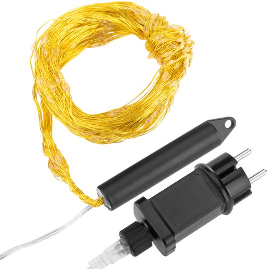 Tenda a cascata LED a 10 fili lunga 2 m con 200 LED bianchi caldi e cavo dorato resistente all'esterno