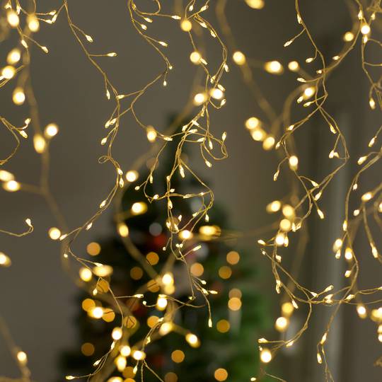 Tenda a cascata LED a 10 fili lunga 2 m con 200 LED bianchi caldi e cavo dorato resistente all'esterno