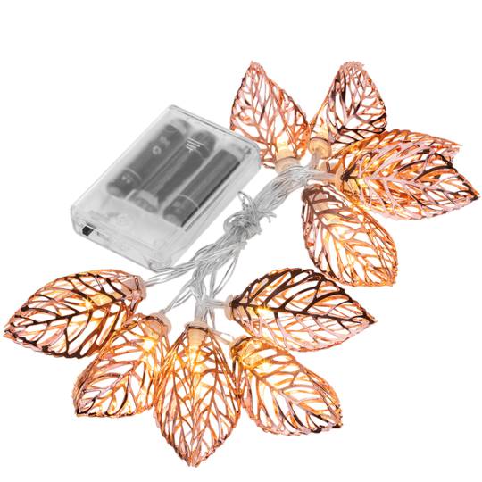 1 m girlanda świetlna LED w kolorze ciepłej bieli z obudową w kształcie liścia, zasilana bateriami