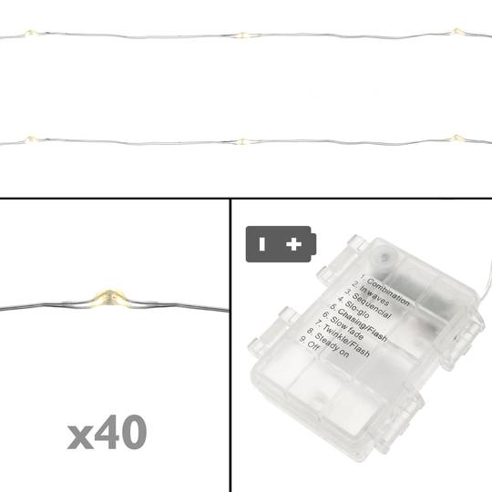 Bande décorative de lumières IP44 40 LED et 8 fonctions de batterie blanc chaud 3 m