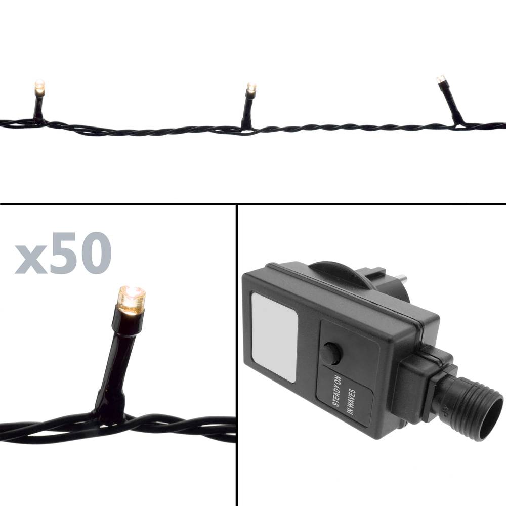 Tira de luzes decorativas de 50 luzes LED IP44 com 2 funções branco morno 5 m 100-240VAC