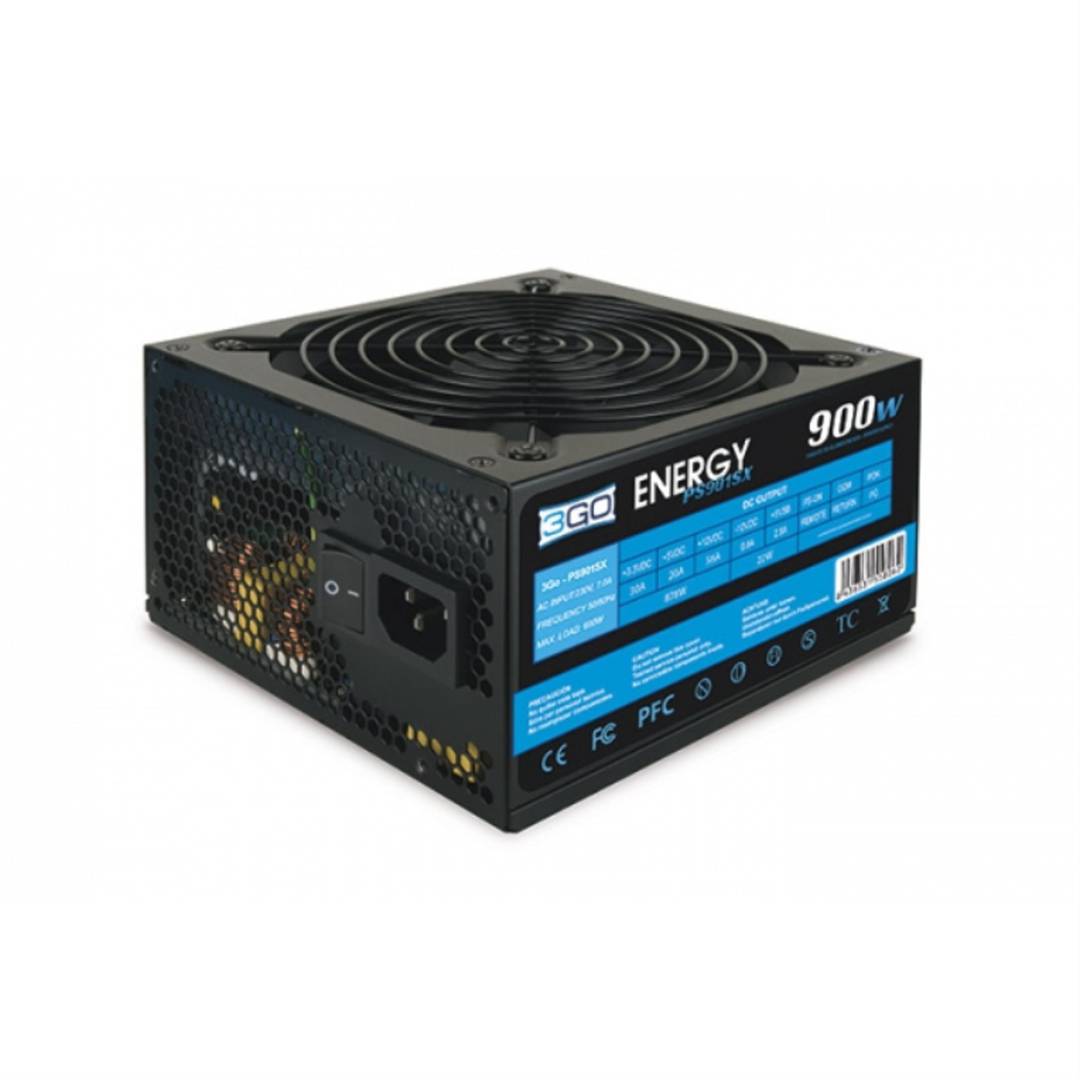 900W voeding met 4 SATA-aansluitingen met 12 cm ventilator en PCI-X6-aansluiting en 2-pins 3GO PS901SX-aansluiting