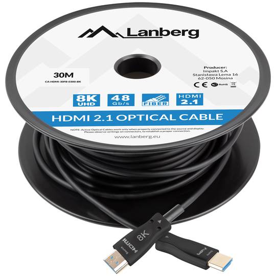 Lanberg HDMI V2.1 câble optique mâle vers mâle 30 m noir CA-HDMI-30FB-0300-BK