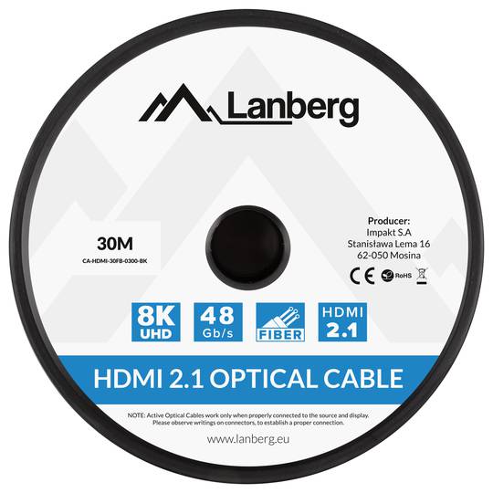 Lanberg HDMI V2.1 câble optique mâle vers mâle 30 m noir CA-HDMI-30FB-0300-BK