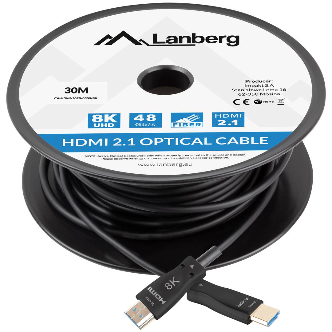 Lanberg HDMI V2.1 optisches Kabel Stecker auf Stecker 30 m schwarz CA-HDMI-30FB-0300-BK