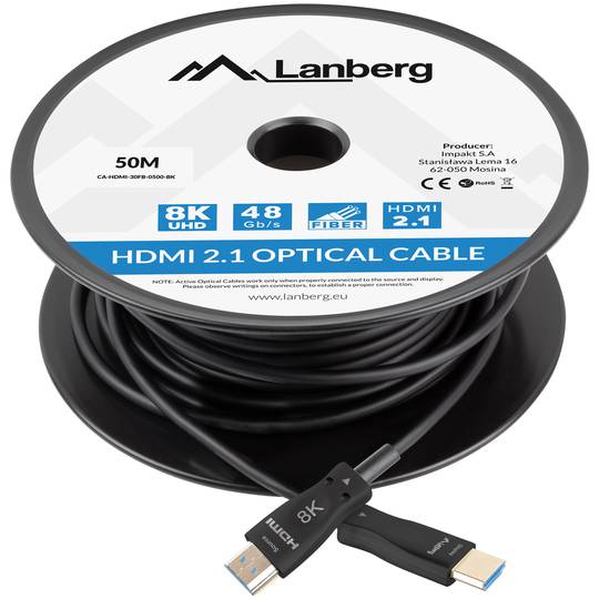 Kabel optyczny Lanberg HDMI V2.1 męski na męski 50 m czarny CA-HDMI-30FB-0500-BK