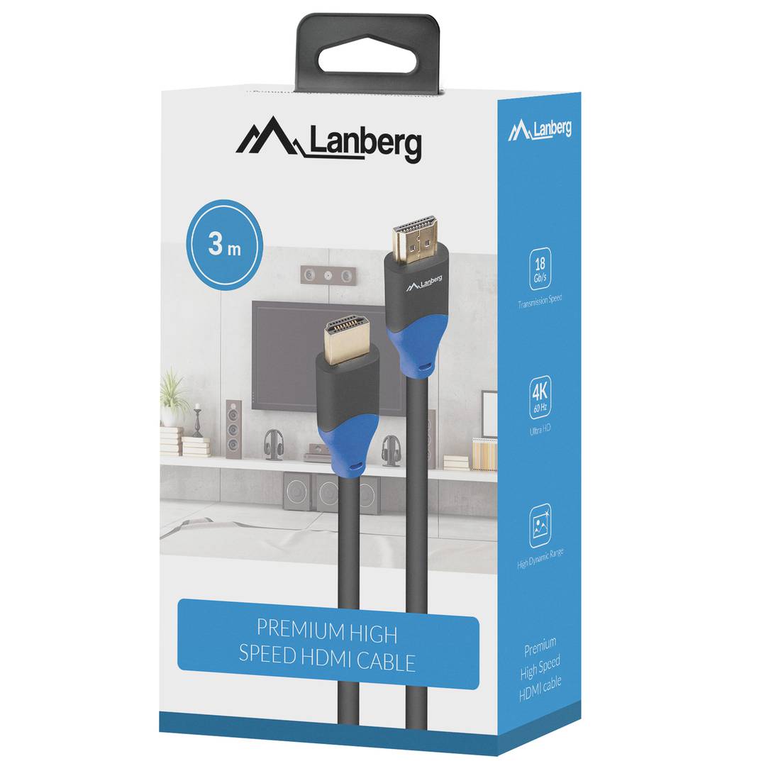 Cabo HDMI Lanberg v2.0 macho para macho 3m 4K Ultra HD preto CA-HDMI-15CU-0030-BK