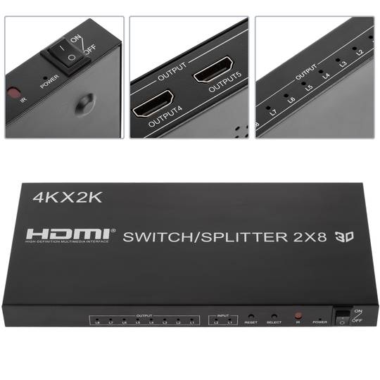 Selector y multlipicador HDMI de 2 entradas a 8 salidas 4K