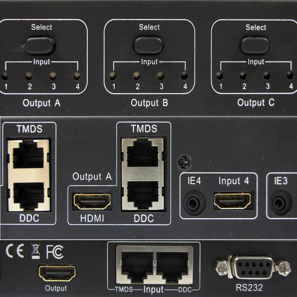Selektor matrycy HDMI z 4 wejściami i 4 wyjściami audio dla kat. 5e i szafy 19
