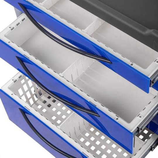 Carro de medicación y tratamiento Nitrocare NTHM-113 para distribución de medicamentos a pacientes color azul