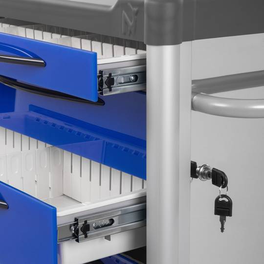 Carro de medicación y tratamiento Nitrocare NTHM-113 para distribución de medicamentos a pacientes color azul