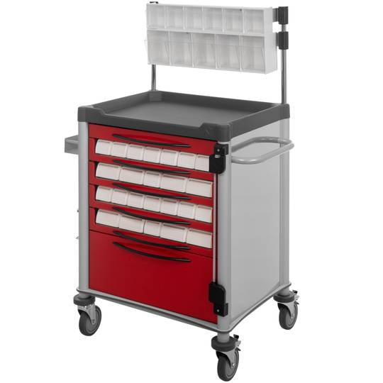 Nitrocare NTHM-115 medication and treatment trolley for distribution of medication to patients, colour red