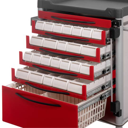 Nitrocare NTHM-115 medication and treatment trolley for distribution of medication to patients, colour red