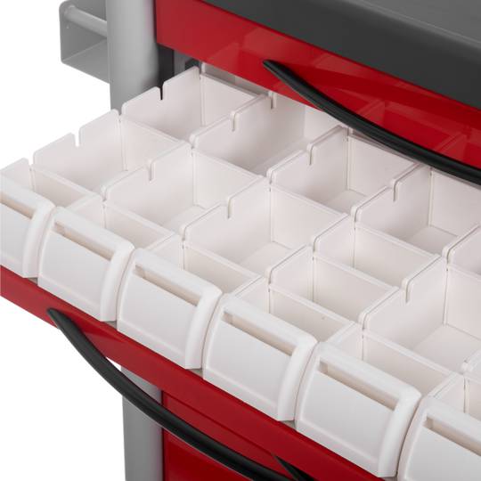 Nitrocare NTHM-115 medication and treatment trolley for distribution of medication to patients, colour red