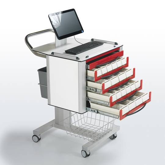 Carro de medicación y tratamiento Nitrocare NTHM-118 para distribución de medicamentos a pacientes con monitor