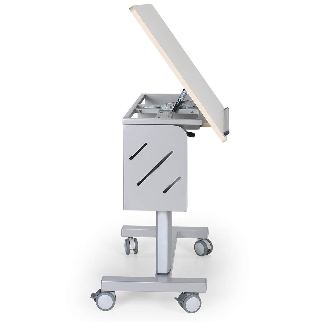 Tavolino regolabile in altezza e angolazione con rotelle e piccolo piano estraibile per centri medici Nitrocare BST-05