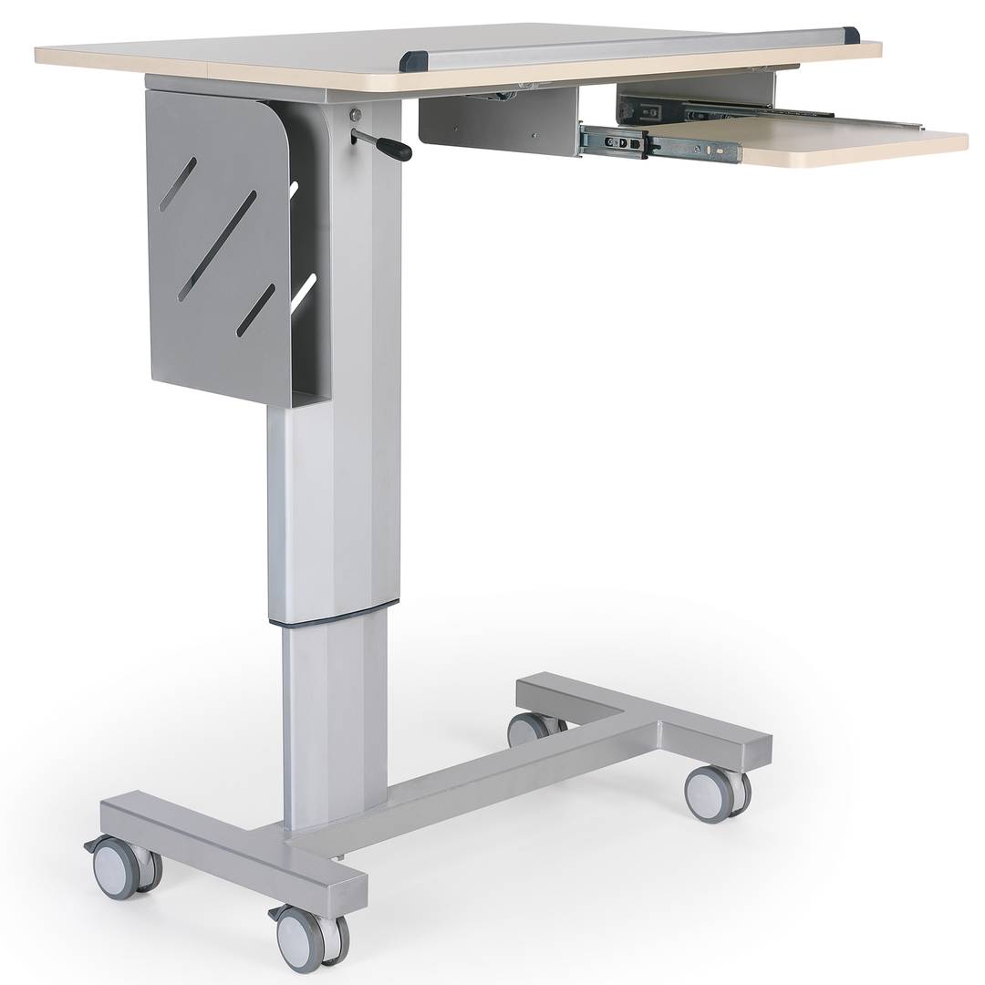 Tavolino regolabile in altezza e angolazione con rotelle e piccolo piano estraibile per centri medici Nitrocare BST-05