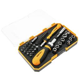 Set of 28 screwdrivers and 9 interchangeable tube keys with ratchet and accessories